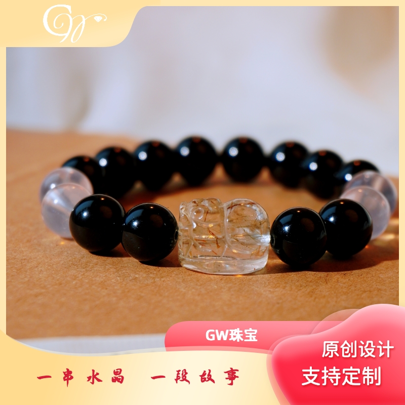 天然黑曜石粉水晶黑金超貔貅手串设计款水晶手串原创设计支持定制