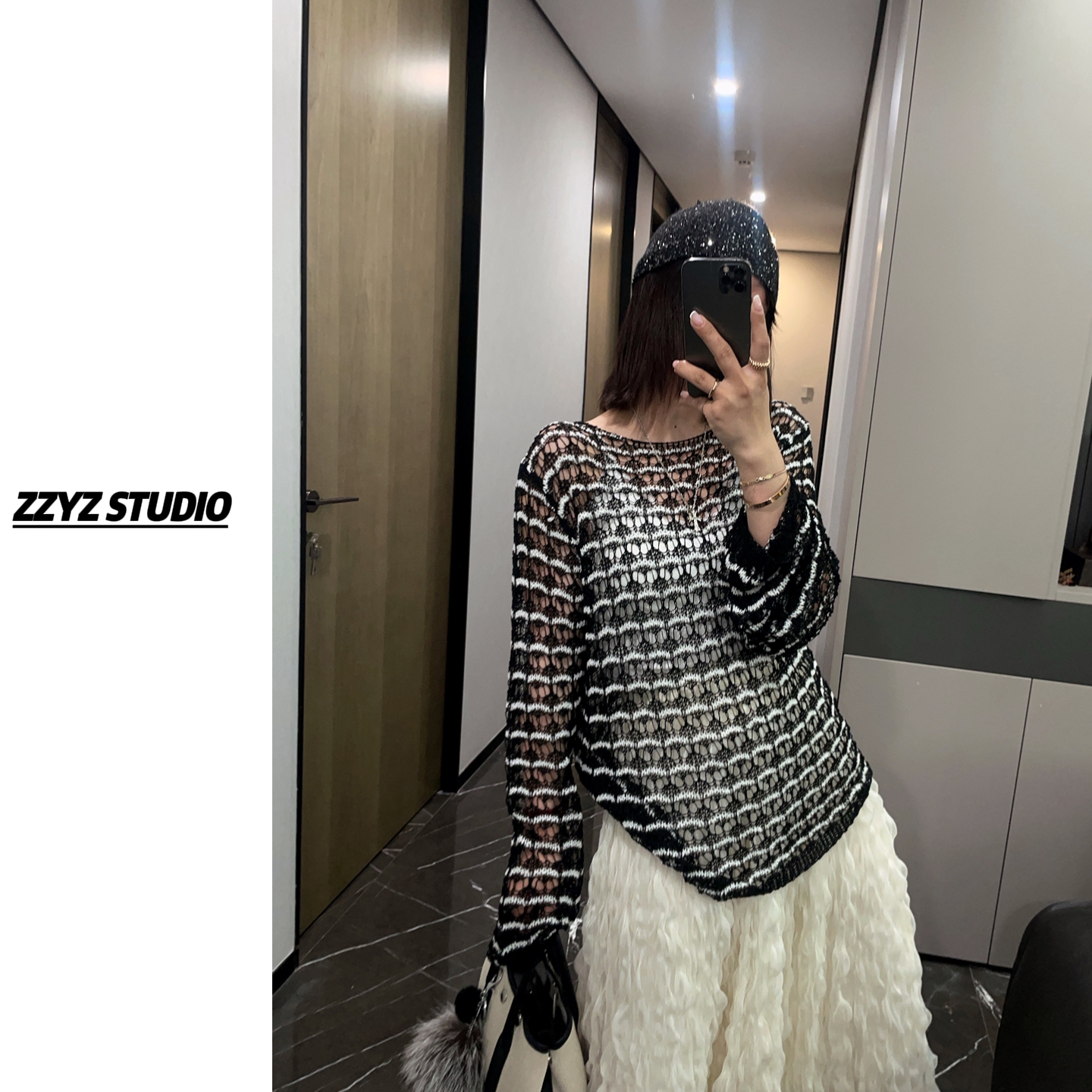 【ZZYZ】“第三画室”撞色镂空编织轻薄长袖上衣微透薄款防晒针织罩衫