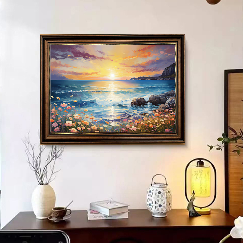 美式风格莫奈客厅餐厅玄关走廊过道装饰画大海风景油画壁画