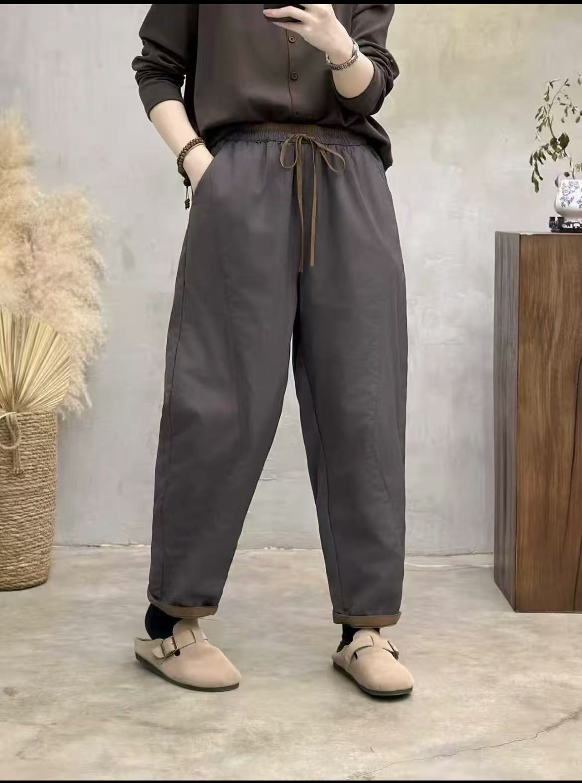 2025冬季新款腰口撞色拼接纯棉休闲百搭显瘦哈伦款精致保暖小棉裤