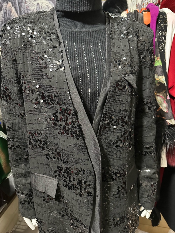 中长款亮片韩版女西装长袖上衣女款设计师西服长款户外百搭