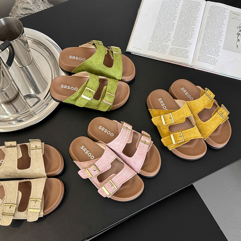 露趾罗马风格女鞋纯色夏季凉鞋一字拖厚底网红平底休闲风休闲