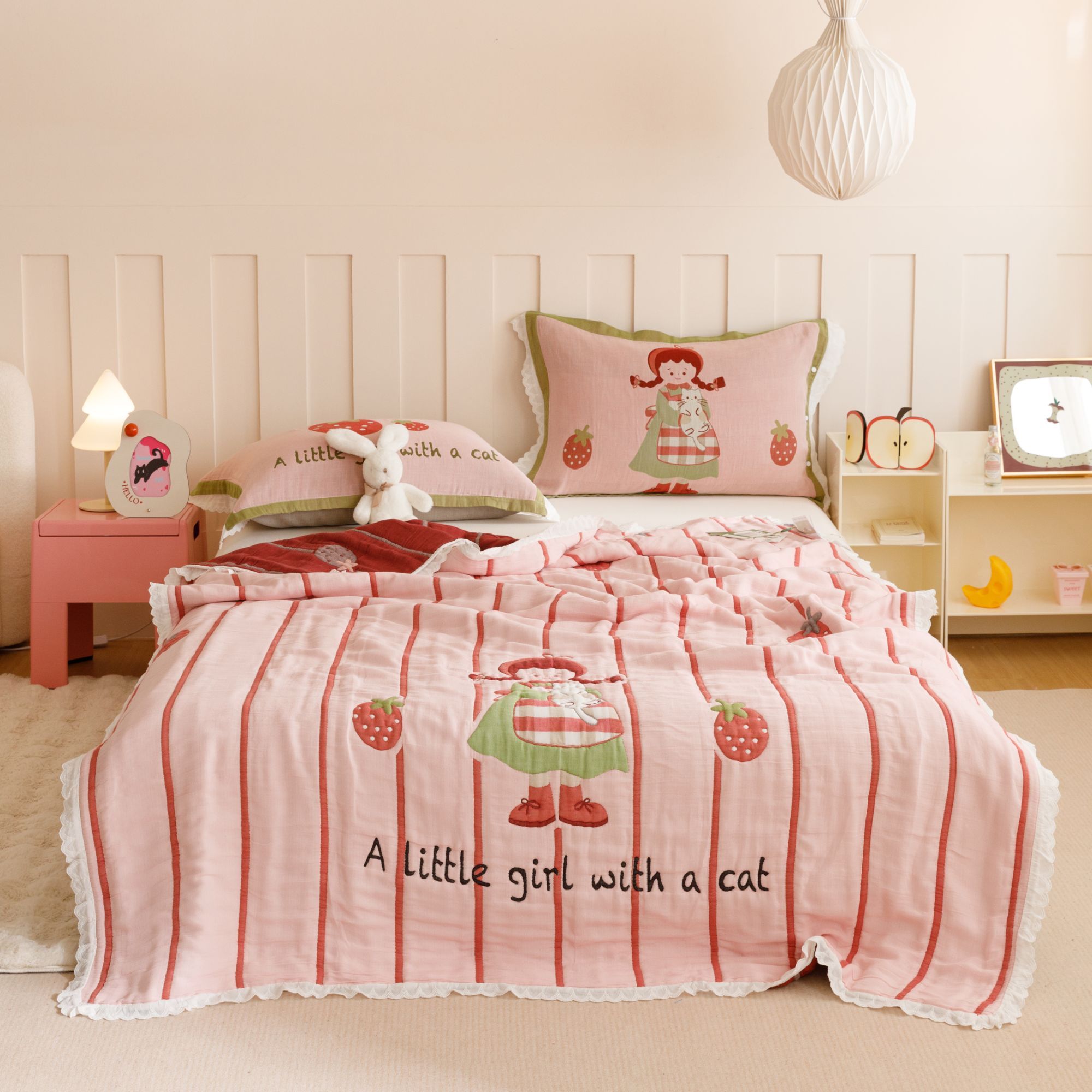胖家居【草莓女孩】细纱泡芙被纯棉色织十层纱布夏被夏凉被春秋被