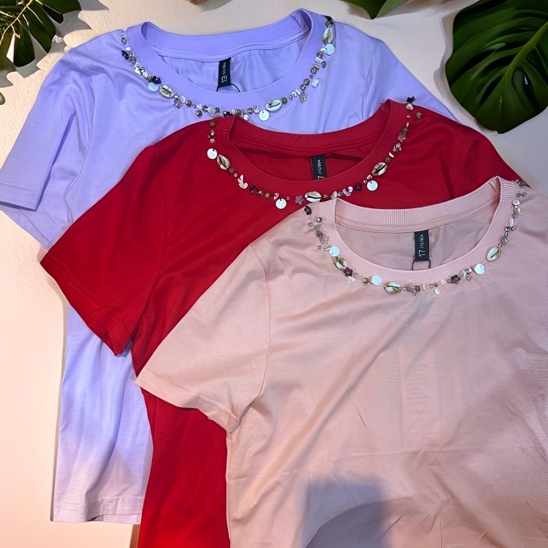 时尚圆领短袖纯色链条常规款半袖休闲常规T恤女士