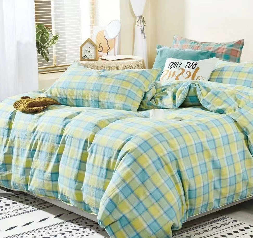 棉纯水洗棉黄绿格 四件套 床单 被套 枕头套 面料不厚