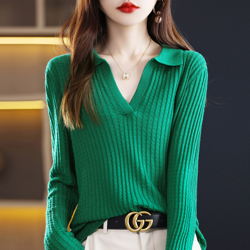 新款polo翻领长袖精纺针织衫女时尚套头宽松毛衣打底衫女A265