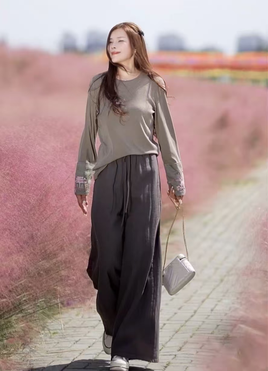 【亚麻夹棉裤】抽绳松紧腰秋冬宽松高腰文艺女装透气长裤