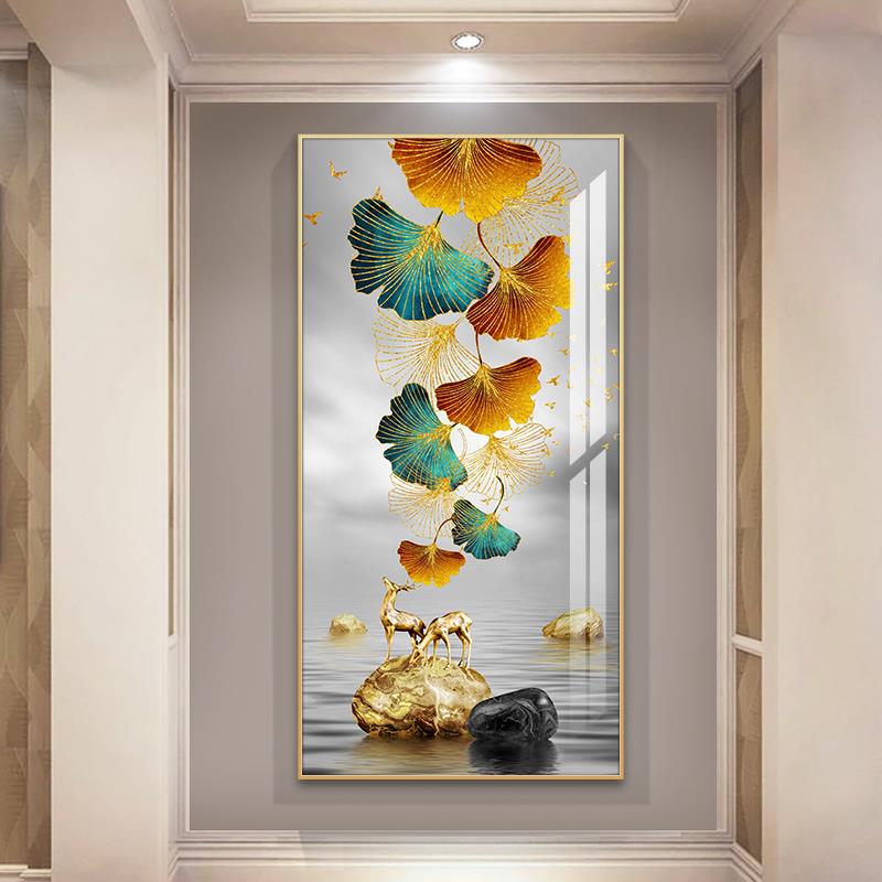 金杏福禄轻奢入户玄关装饰画走廊过道竖版简约现代壁画客厅挂画