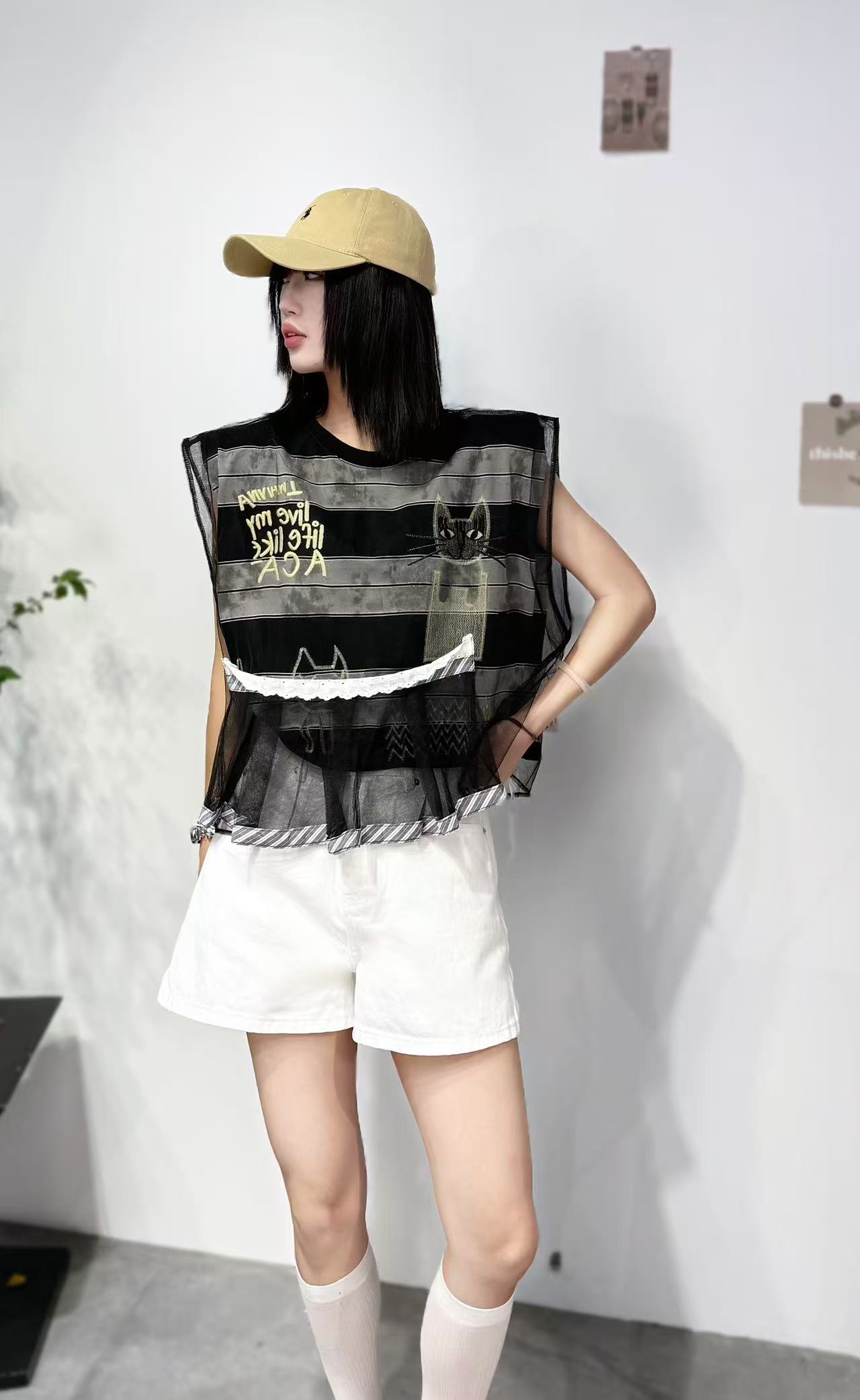 557#猫T恤女2025夏季新款欧洲站百搭网纱拼接无袖条纹