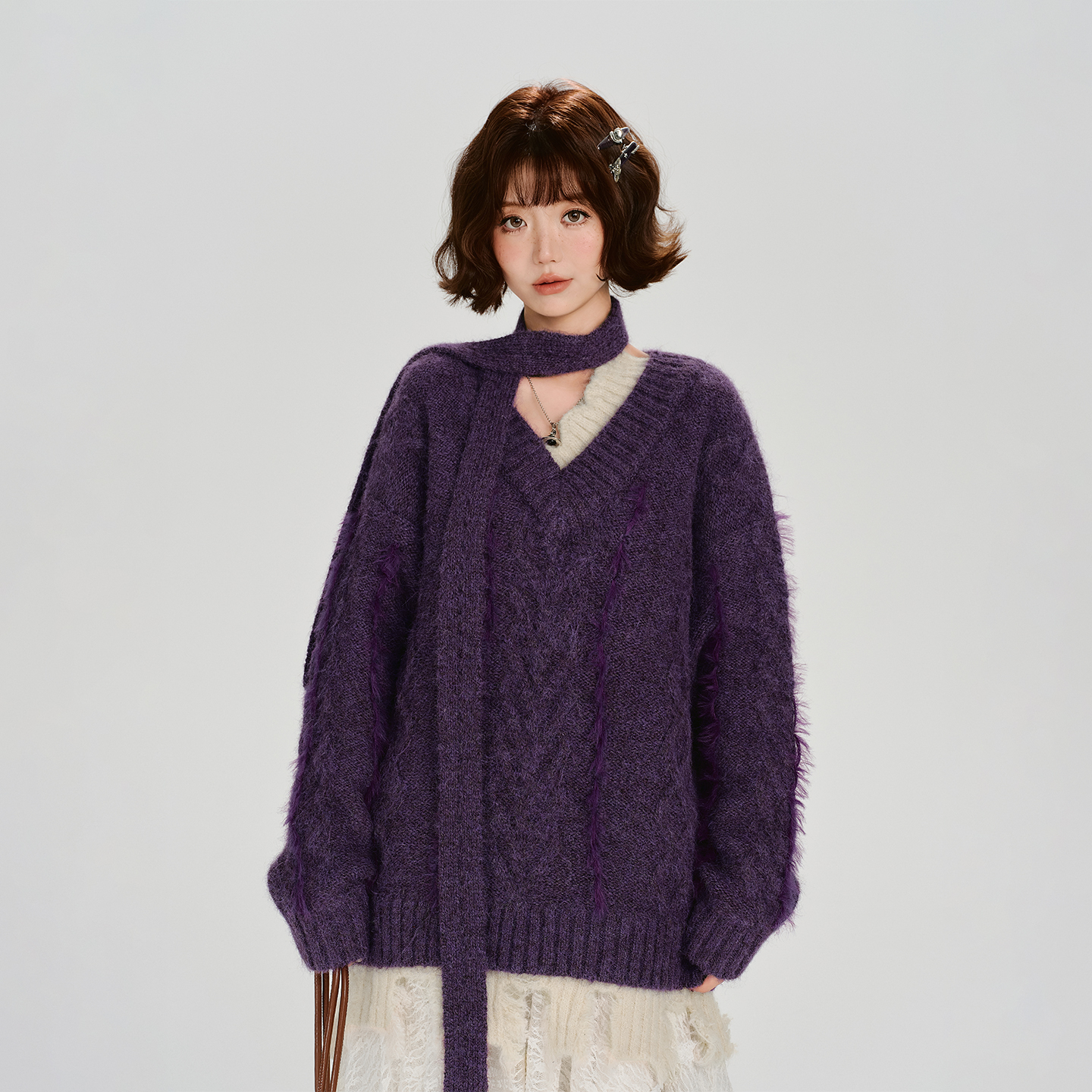 新品上新【Girlyhalo】深紫色假两件拼接毛衣B0144