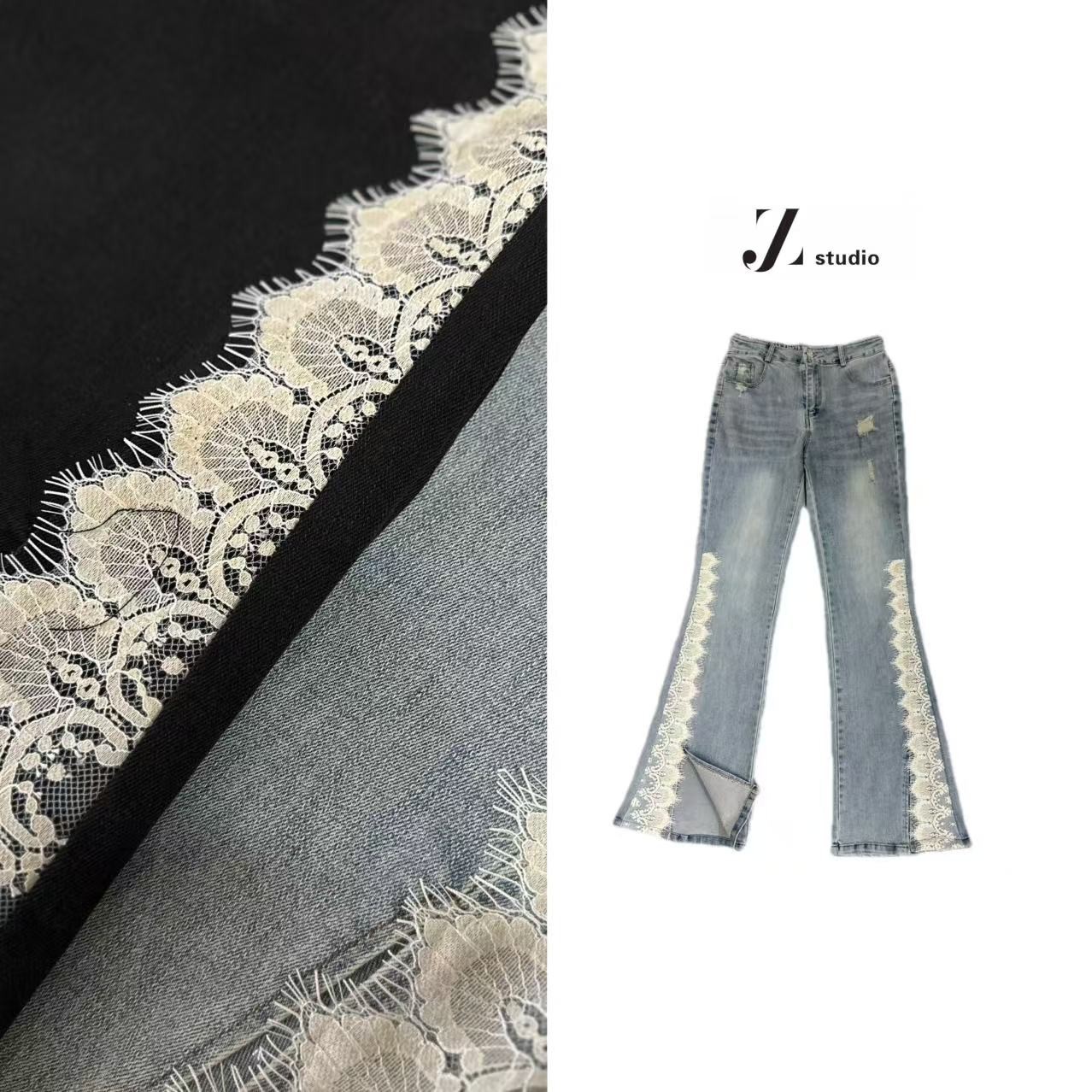 NO退NO换B11837#大码胖妹松紧腰弹力显瘦蕾丝拼接开衩喇叭牛仔裤