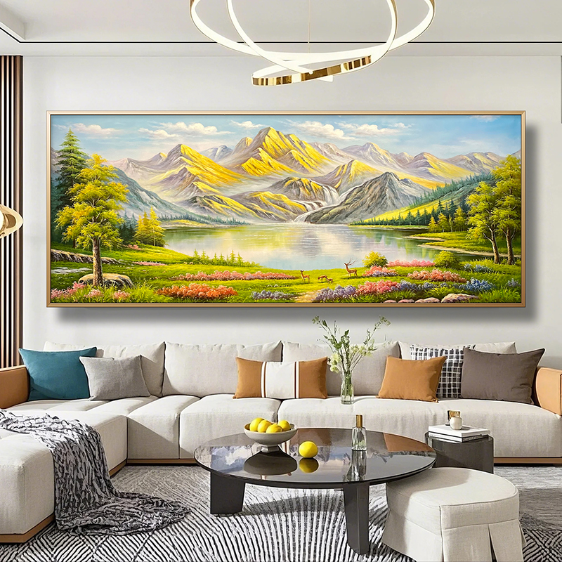 《青山翠湖鹿影间》风景客厅办公室挂画靠山装饰画日照金山肌理油画