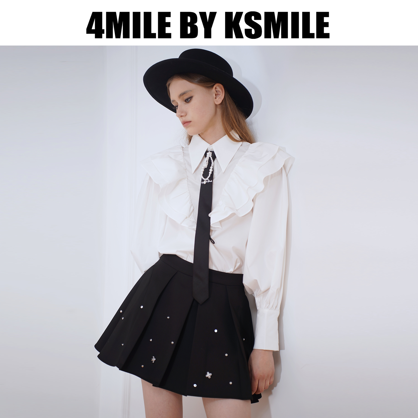 4MILE BY KSMILE | 满天星黑色侧摆百褶裤裙重工水钻显瘦半身裙