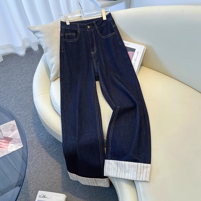 大码条纹卷边丹宁蓝阔腿裤牛仔裤女春季2025新款设计感翻边直筒裤