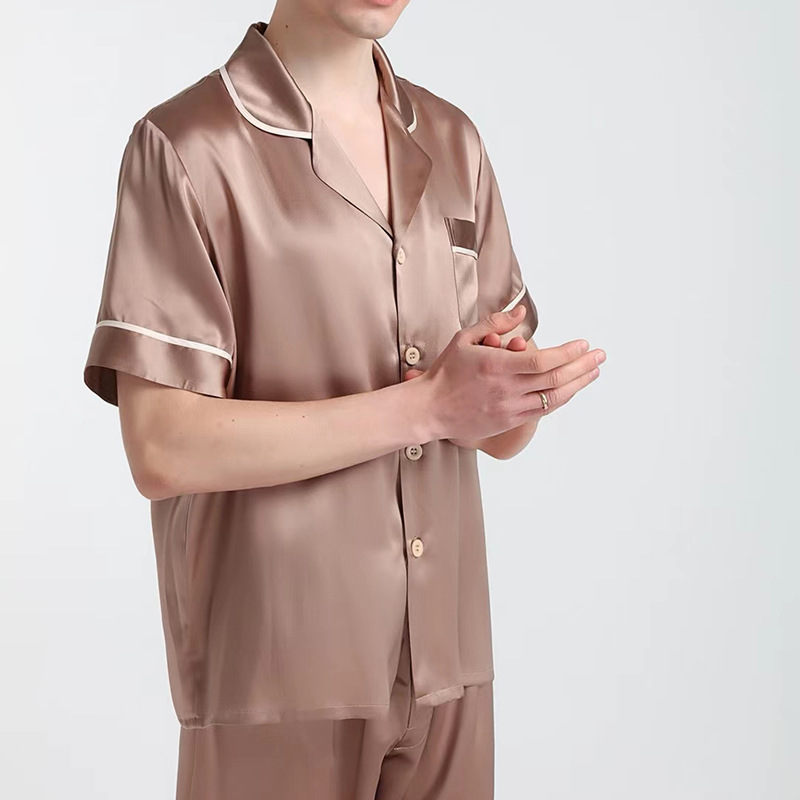 焦糖色咖啡真丝睡衣男套装家居服长袖短袖长裤分体100桑蚕丝礼物