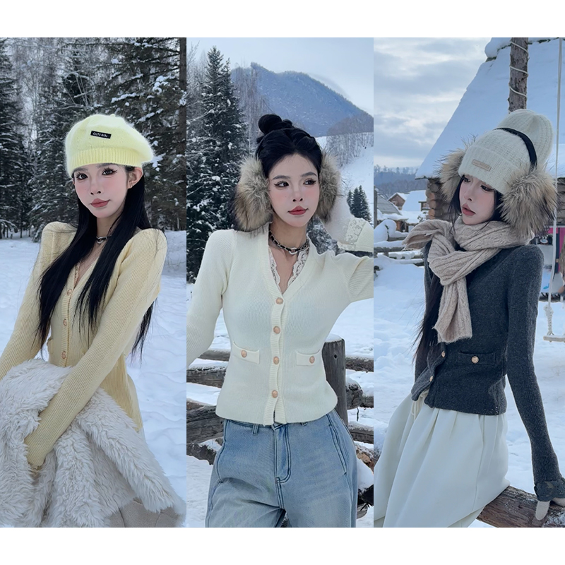 孙妍新款【威尔针织】时尚设计休闲蕾丝花边V领修身显瘦针织上衣