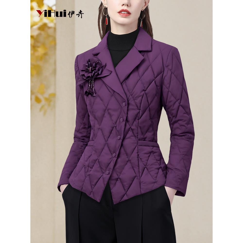 YIHUI伊卉羽绒服女刺绣百搭西装领显瘦短款洋气90白鸭绒WH257028