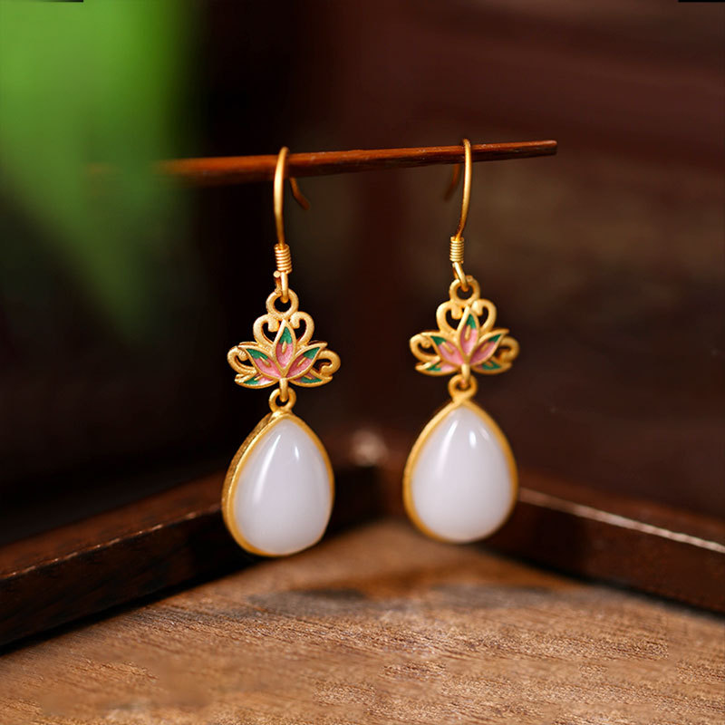 铜合金耳饰 莲韵耳环新中式国风925银针高级感百搭宫廷风珐琅耳饰