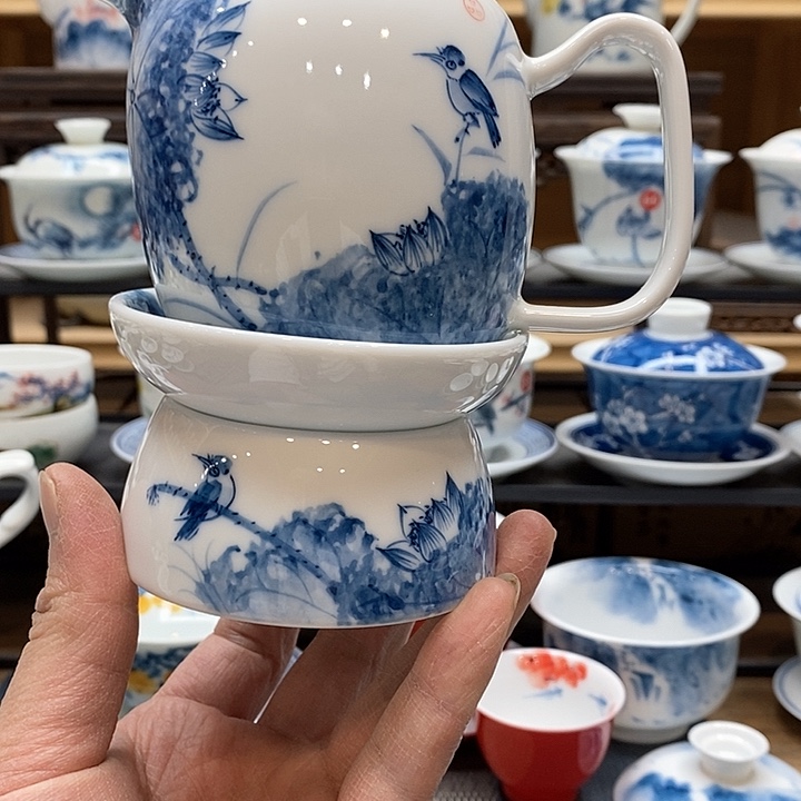 手绘微瑕荷花翠鸟公杯加茶漏