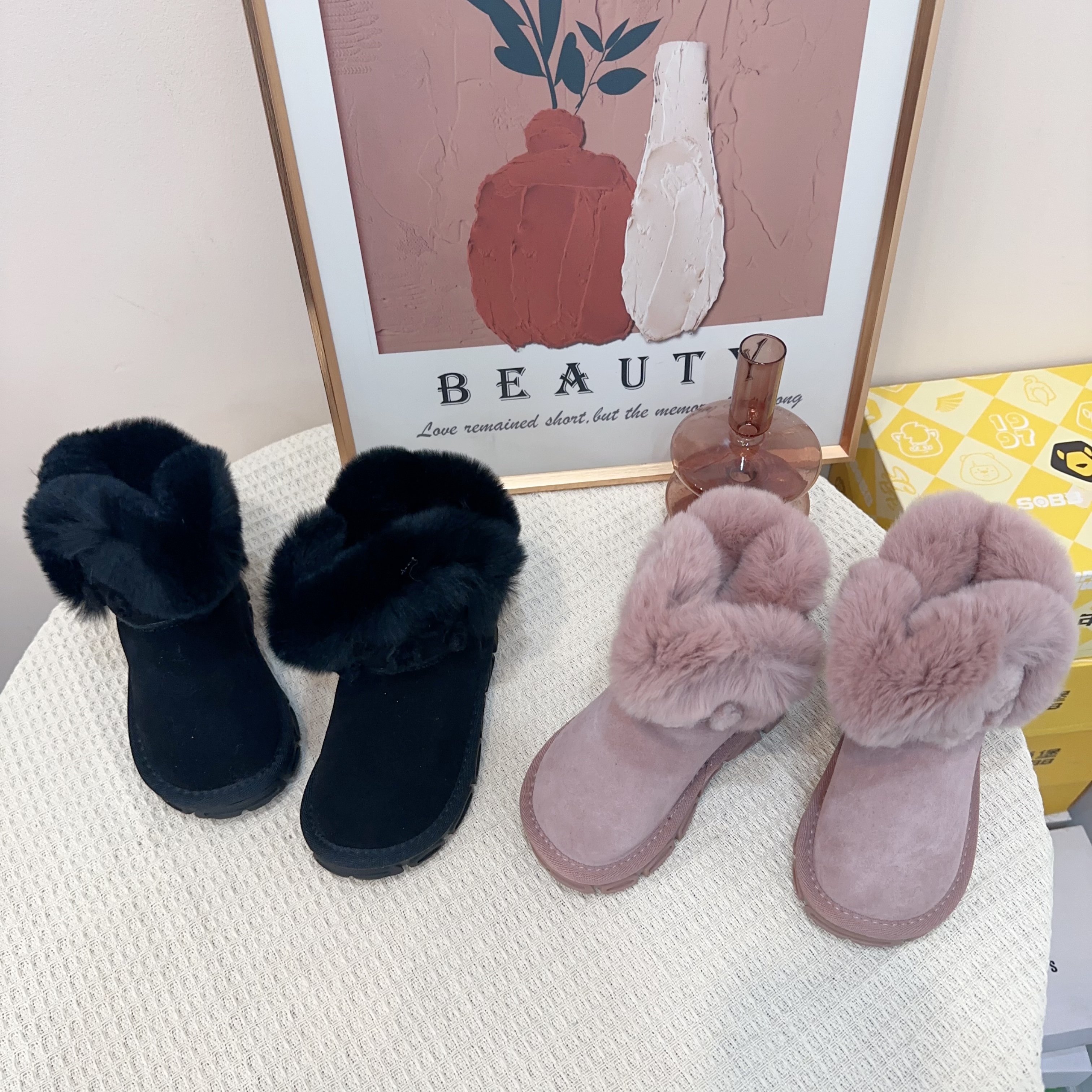 女童2025冬季新款软底防滑短靴皮面加绒雪地靴毛毛靴7619