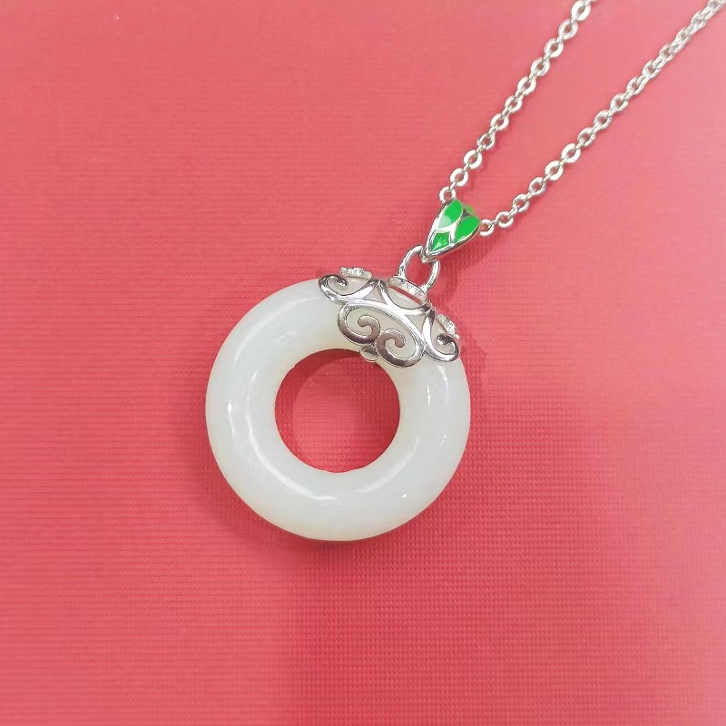 【华之京】S925银镶和田玉平安扣吊坠 祥云花扣甜甜圈赠银链-YS