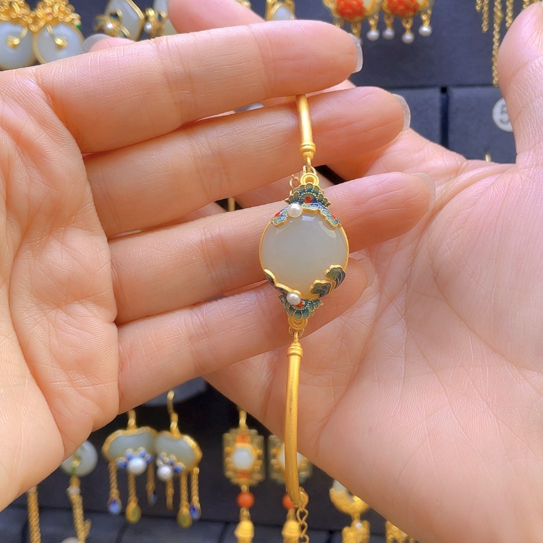 和田玉手链银S925镀金镶嵌