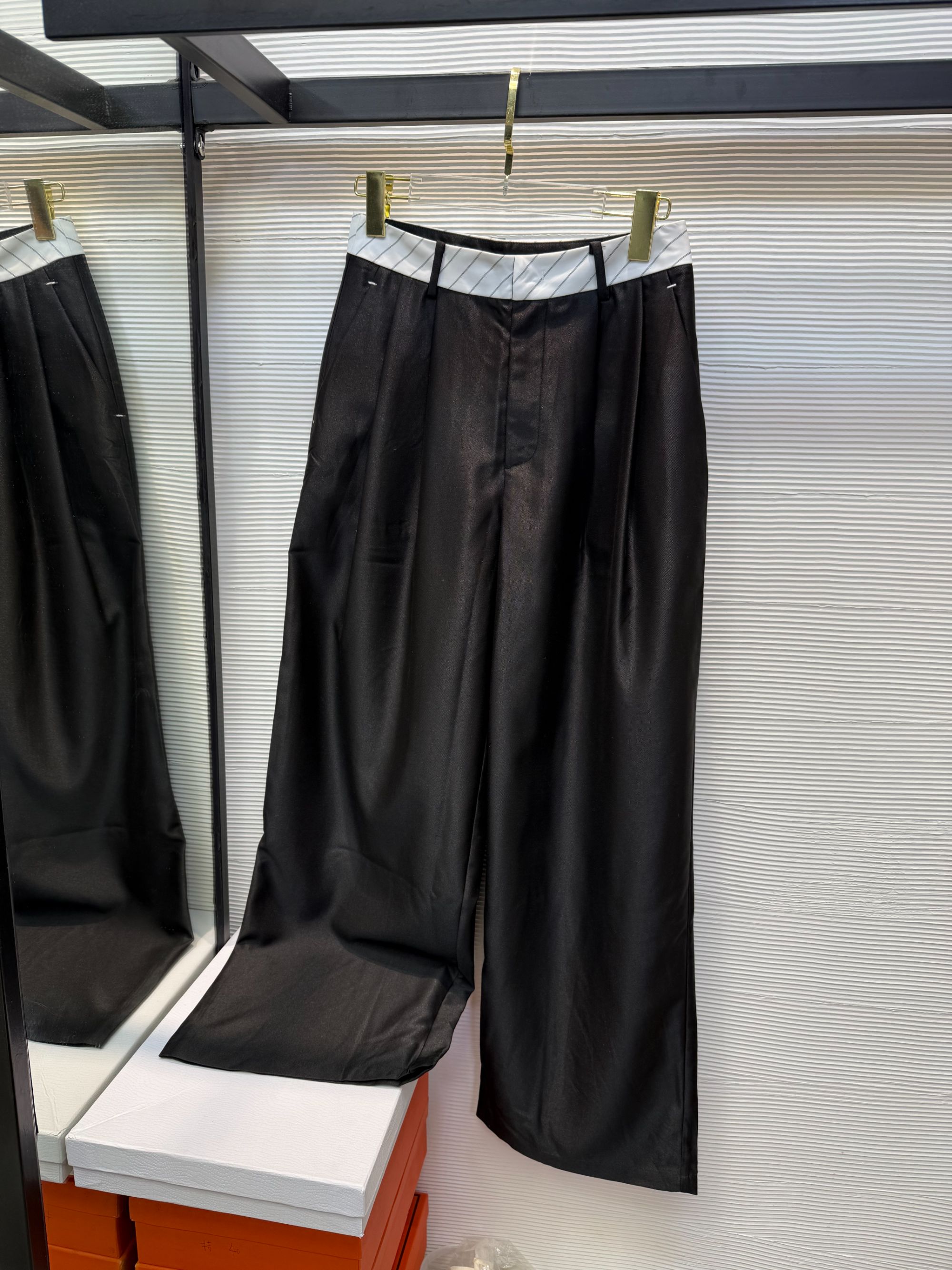 24405#港味拼色西装长裤高腰垂感拖地裤休闲阔腿小众裤子