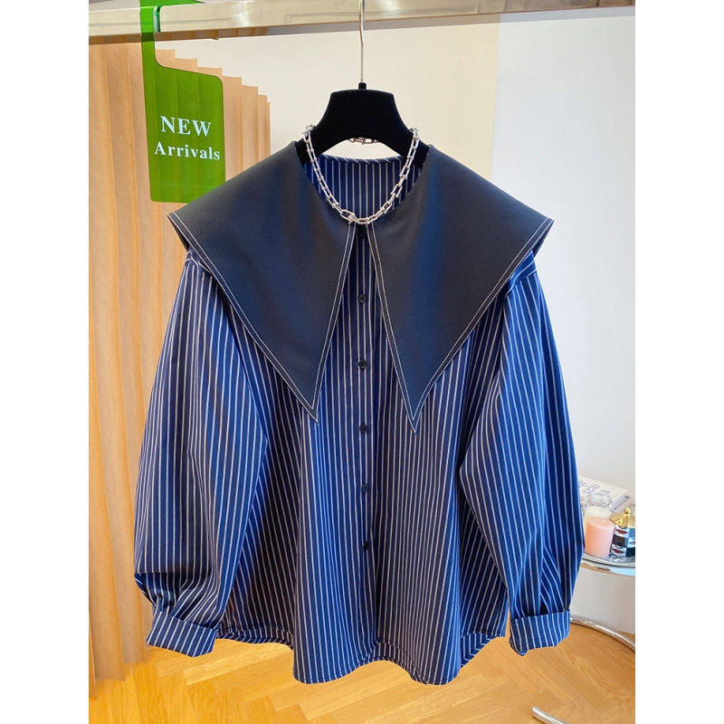 2025新款春装女韩国娃娃领长袖宽松条纹衬衣大翻领海军领衬衫上衣