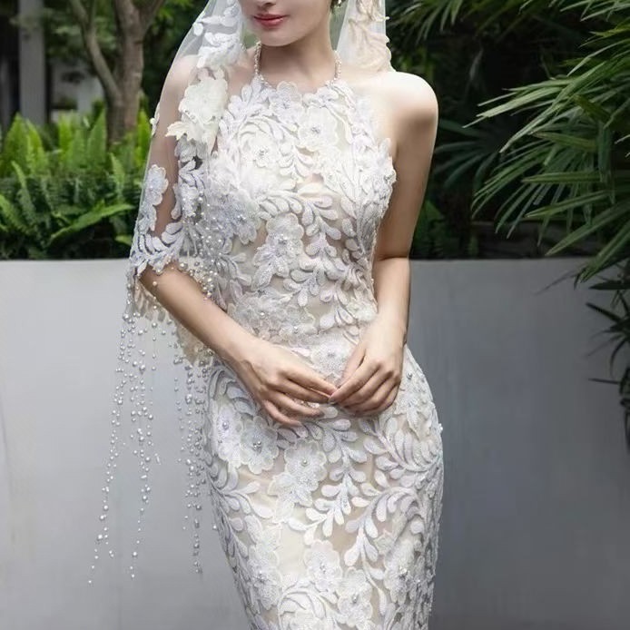 晚礼服宴会鱼尾裙抹胸拖尾无袖婚纱蕾丝亮片法式结婚礼服