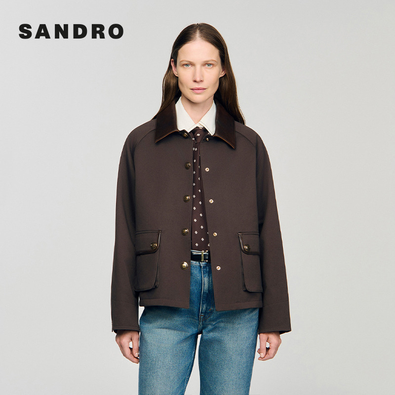 SANDRO2025秋冬新款法式棉质皮革翻领双口袋短款外套SFPOU00750