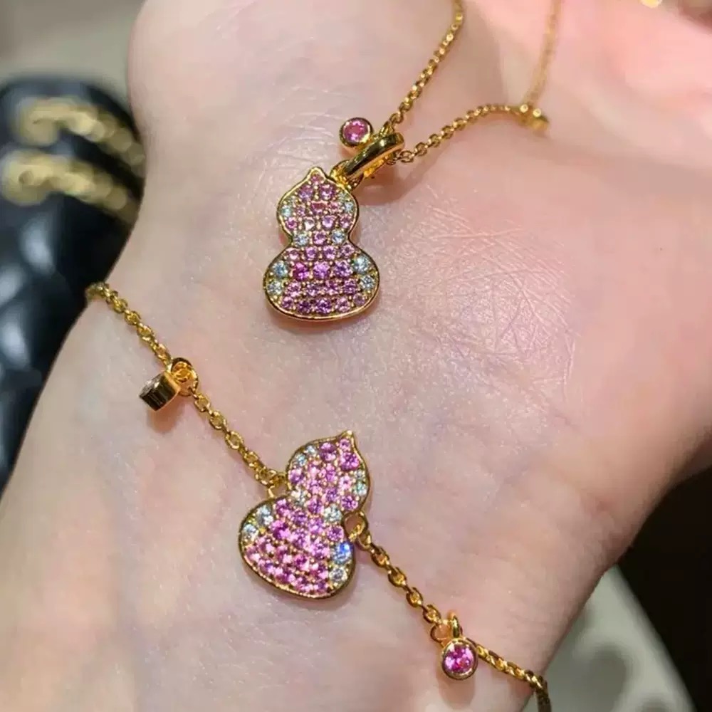 铜合金锆石项链 璀璨姐妹轻奢满钻渐变粉葫芦手链项链BJ083