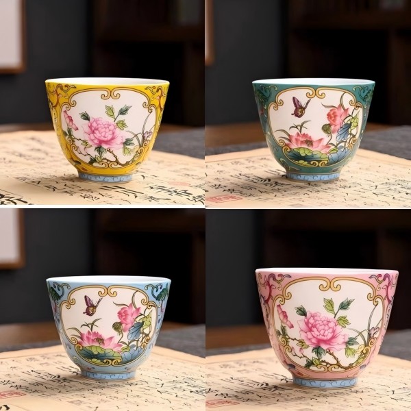 珐琅彩万花品茗杯套装（粉、黄、蓝、墨绿）ZH  1871