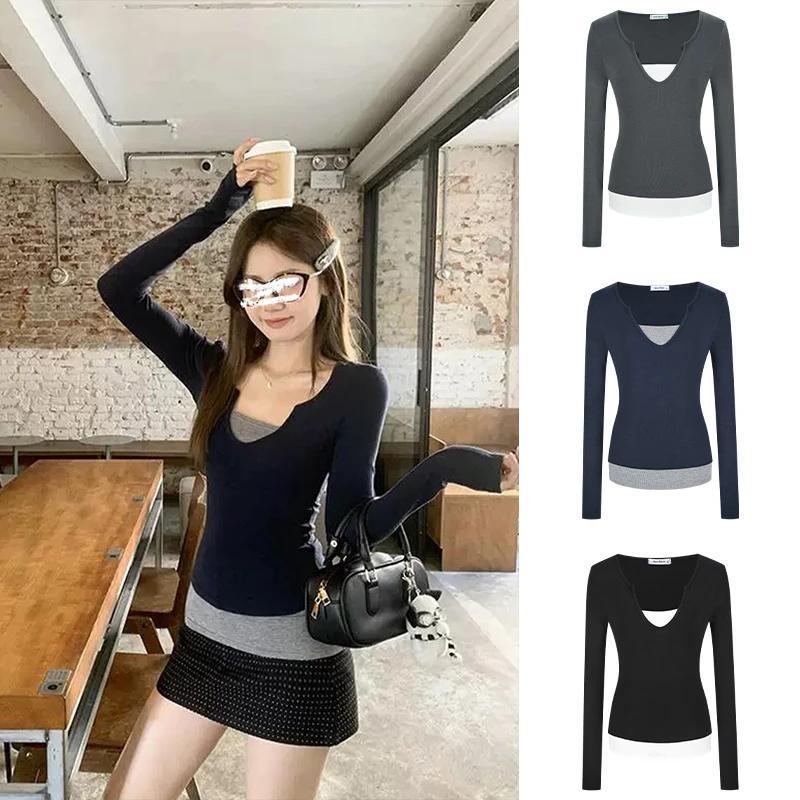 纯欲辣妹美式V领假两件长袖T恤女撞色修身内搭显瘦上衣