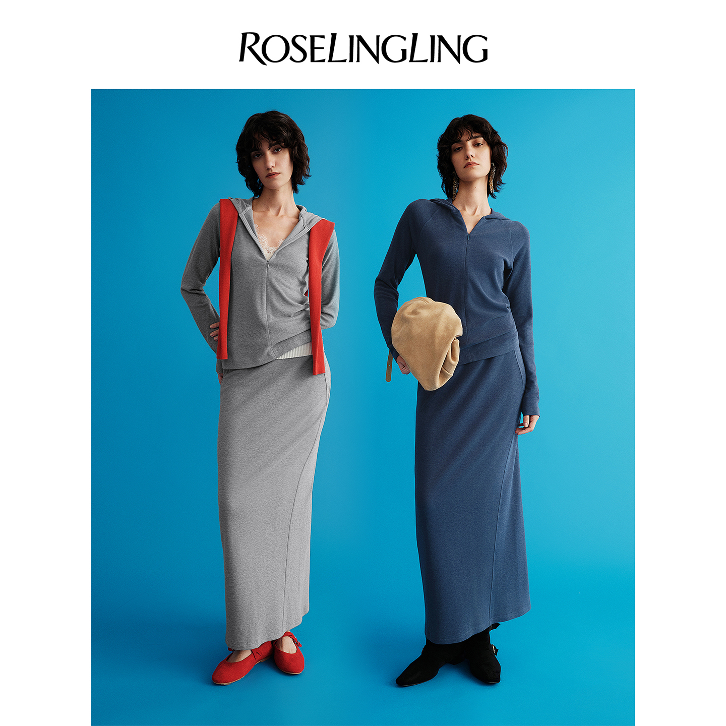 ROSELINGLING【R+轻运动】 双面磨毛绒感针织连帽衫+直筒半裙套装