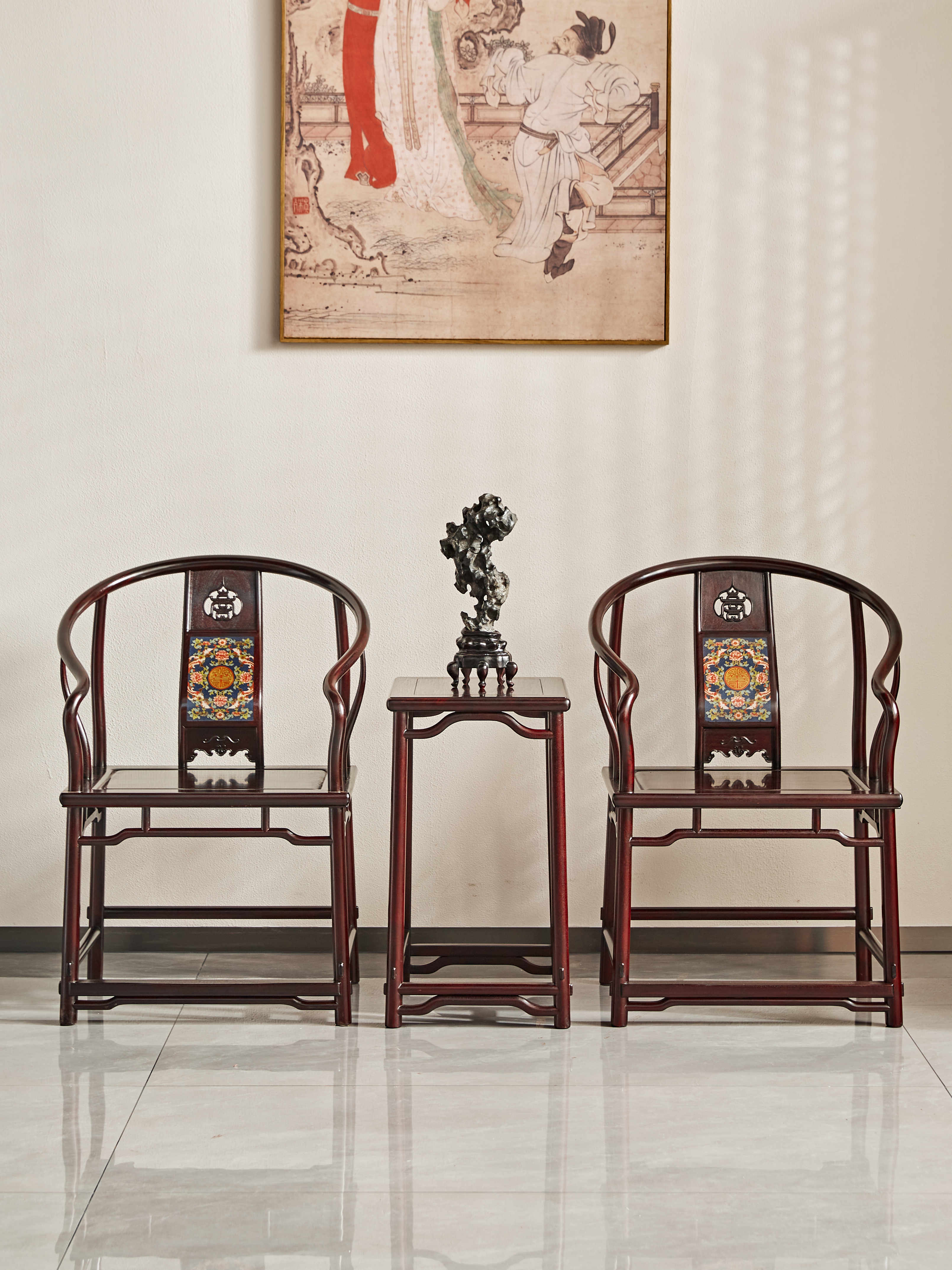 赞比亚血檀珐琅寿字纹拐手圈椅三件套客椅茶桌配椅垂手珐琅圈椅