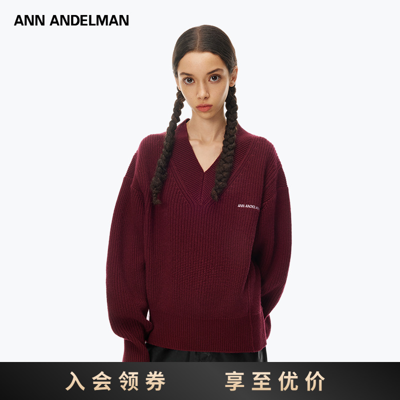 ANN ANDELMAN25秋冬休闲复古红色宽松圆领提花V领套头毛衣