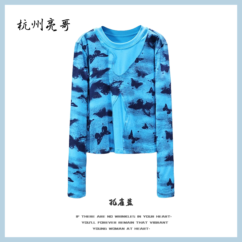 【亮哥女装】2025冬季新品《沧海》孔雀蓝蝴蝶水墨印花打底衫6250-E8