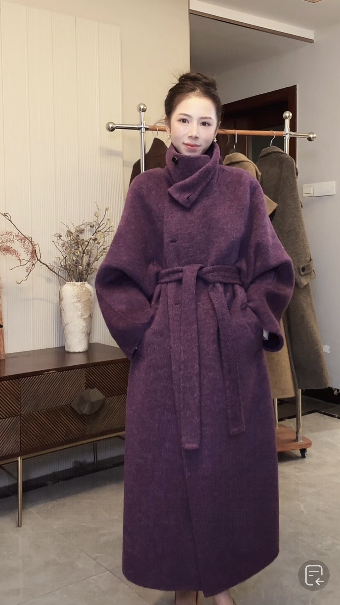 2025最新秋冬原创韩系慵懒风双面羊毛大衣系带百搭毛呢外套8702