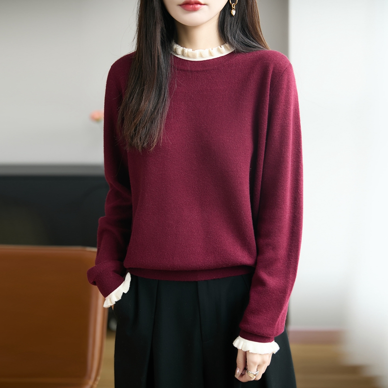 木耳边花边领拼色毛衣女秋冬套头宽松显瘦保暖内搭针织打底衫长袖