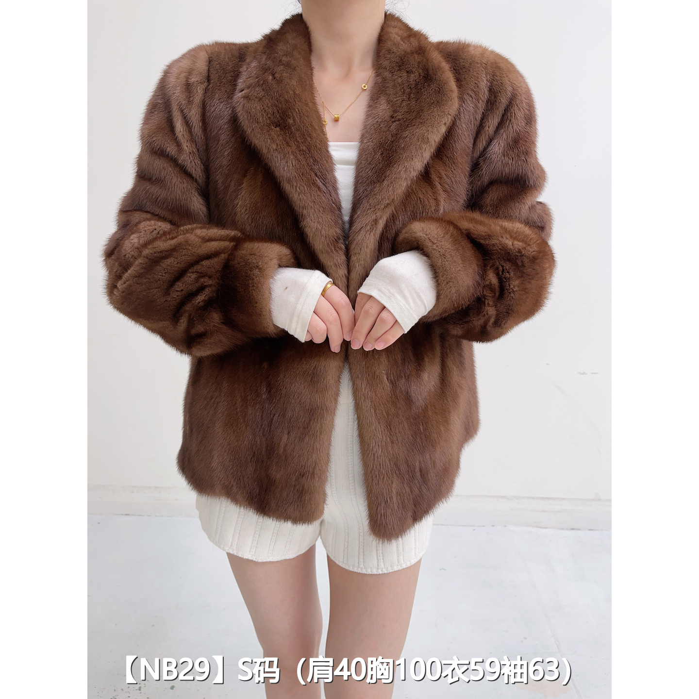 【NB29】S 蜜茶棕超短款全抽貂皮大衣外套女 翻领泡泡袖 02029
