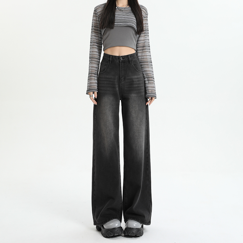 黑灰高腰阔腿牛仔裤女2025秋冬新款复古宽松直筒百搭显瘦拖地裤子