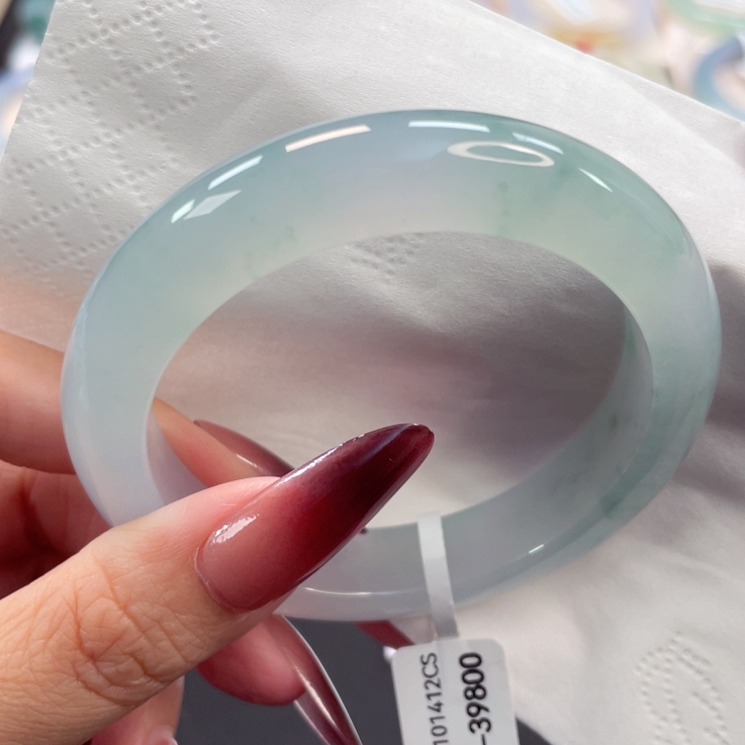 未镶嵌手镯翡翠5号55.8厚装冰胶细腻幻彩飘绿清新淡雅