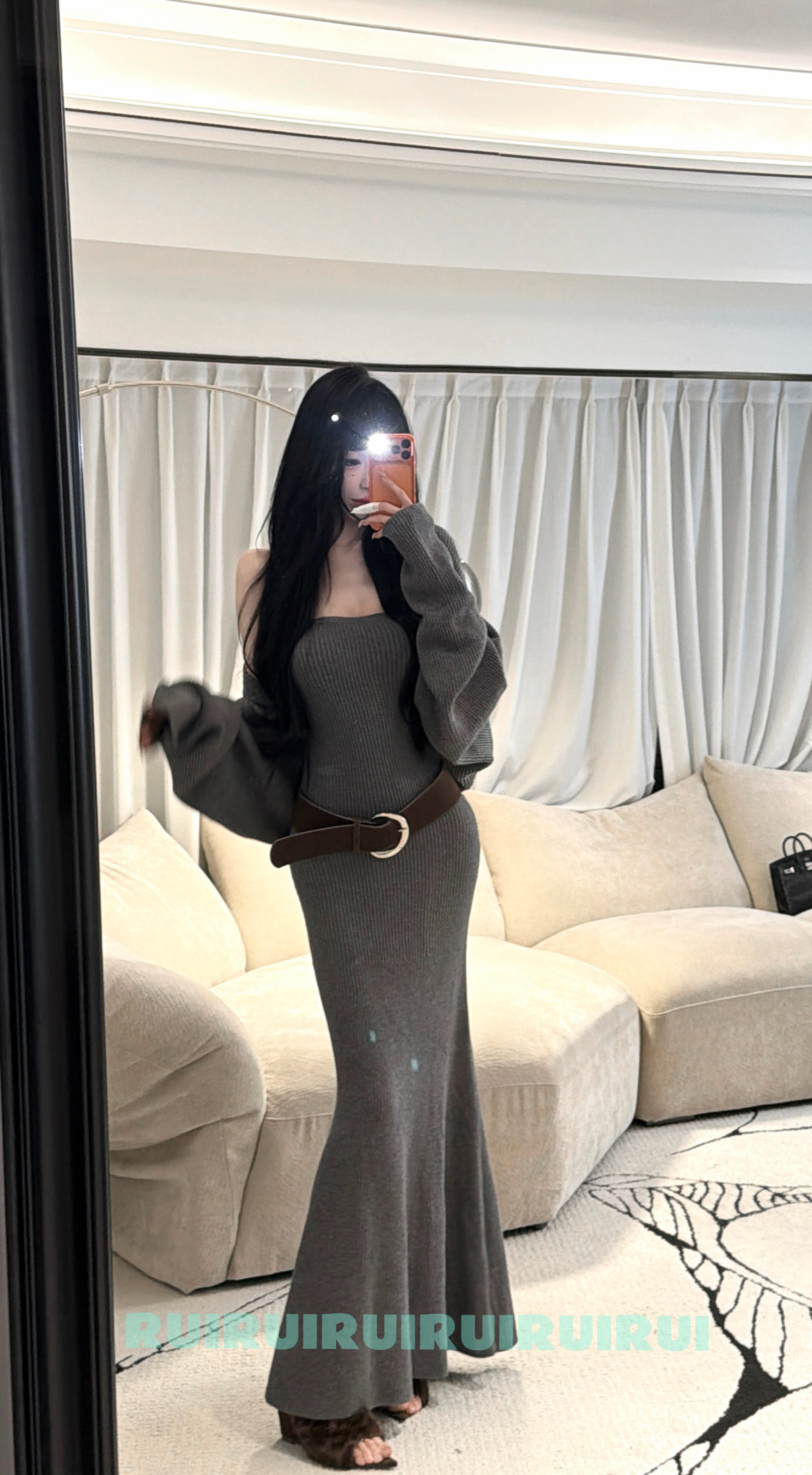 【RUI】现货褶褶生灰 针织抹胸收腰鱼尾裙+长袖外套两件套D0291