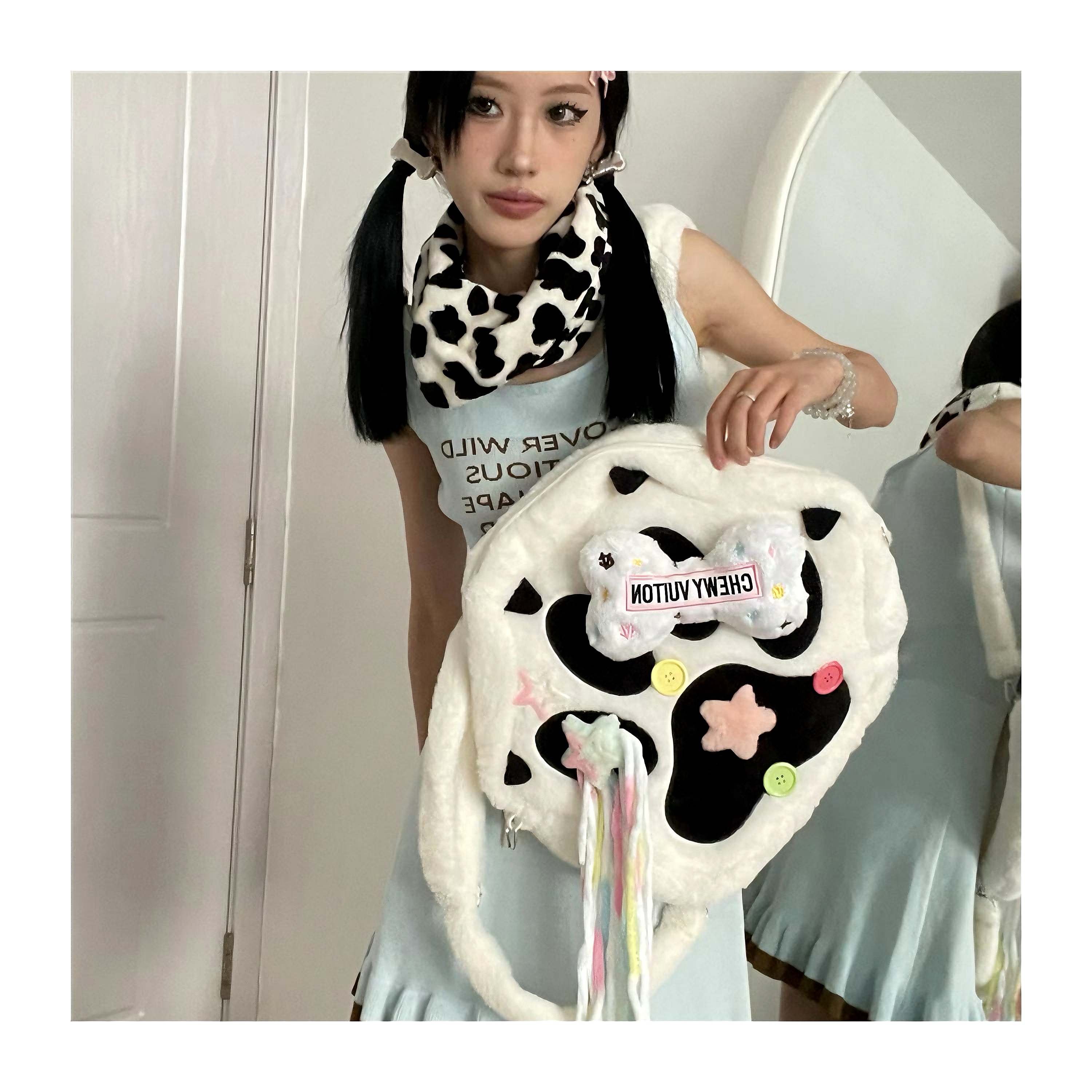 日系可爱毛绒猫爪双肩包六边形骨头Y2K千禧风小众学生包大容量包