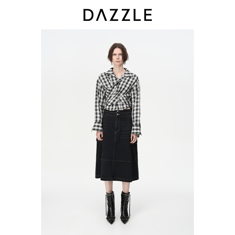 【赵老板专属】DAZZLE地素格纹收腰衬衫秋格纹褶皱衬衫女2H3C422