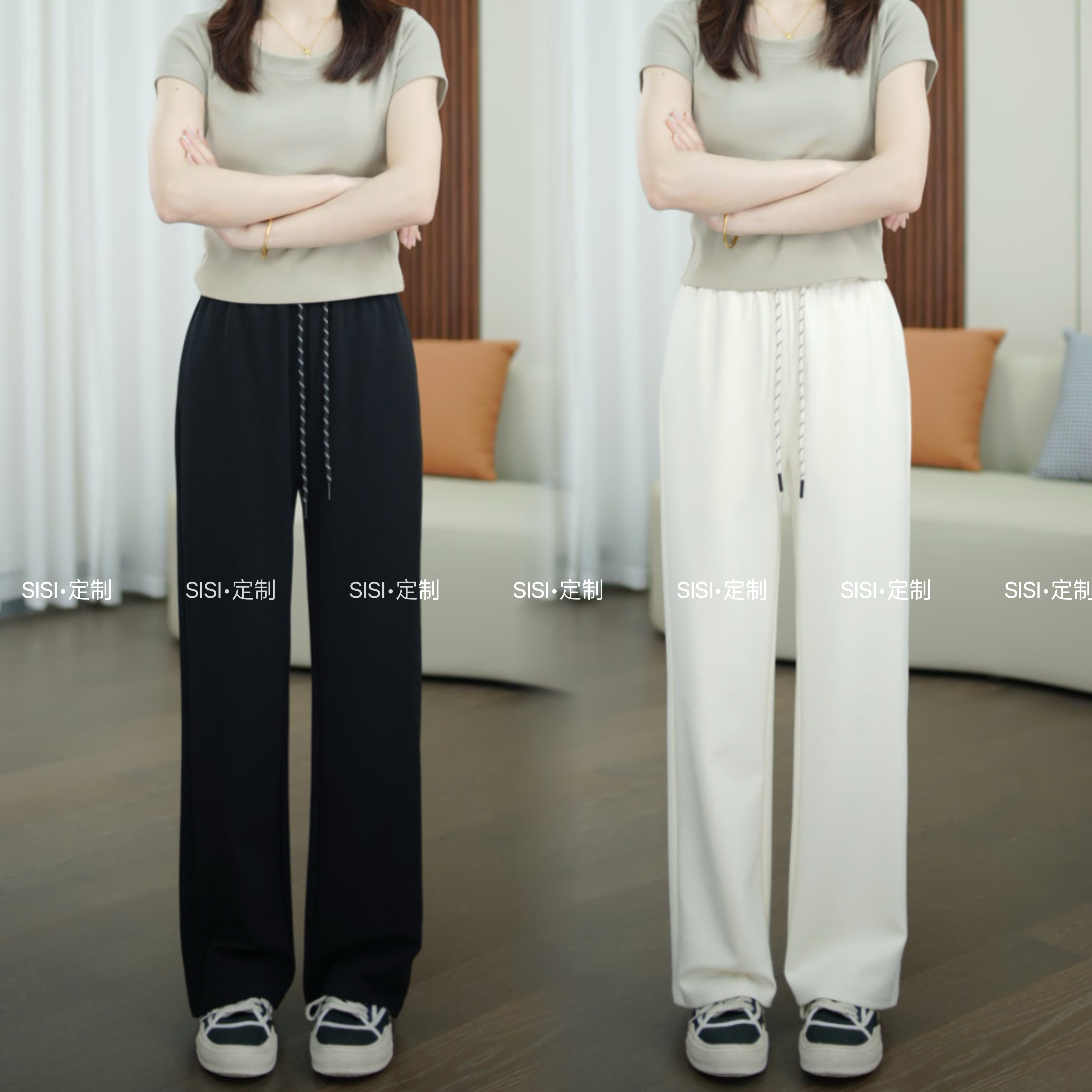 [CC]高腰抽绳显瘦直筒休闲女宽松慵懒风垂感窄版阔腿裤