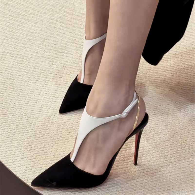 新款黑金拼色轻奢性感T字带包头凉鞋细跟尖头名媛宴会绝美高跟鞋