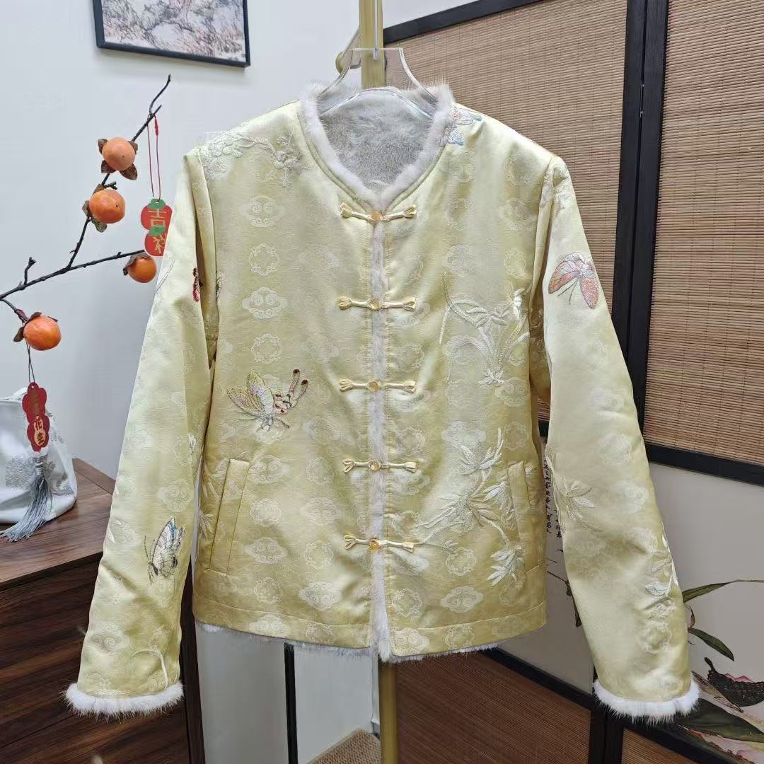 单排扣半开领刺绣长袖厚款上衣女士秋冬中国风网红新中式提花