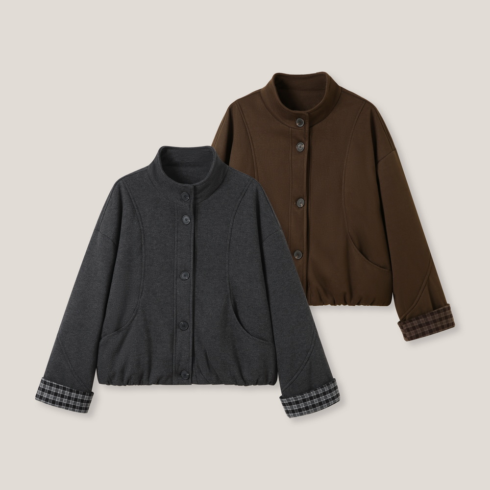  格子拼接单排扣休闲百搭立领棉衣ss26461