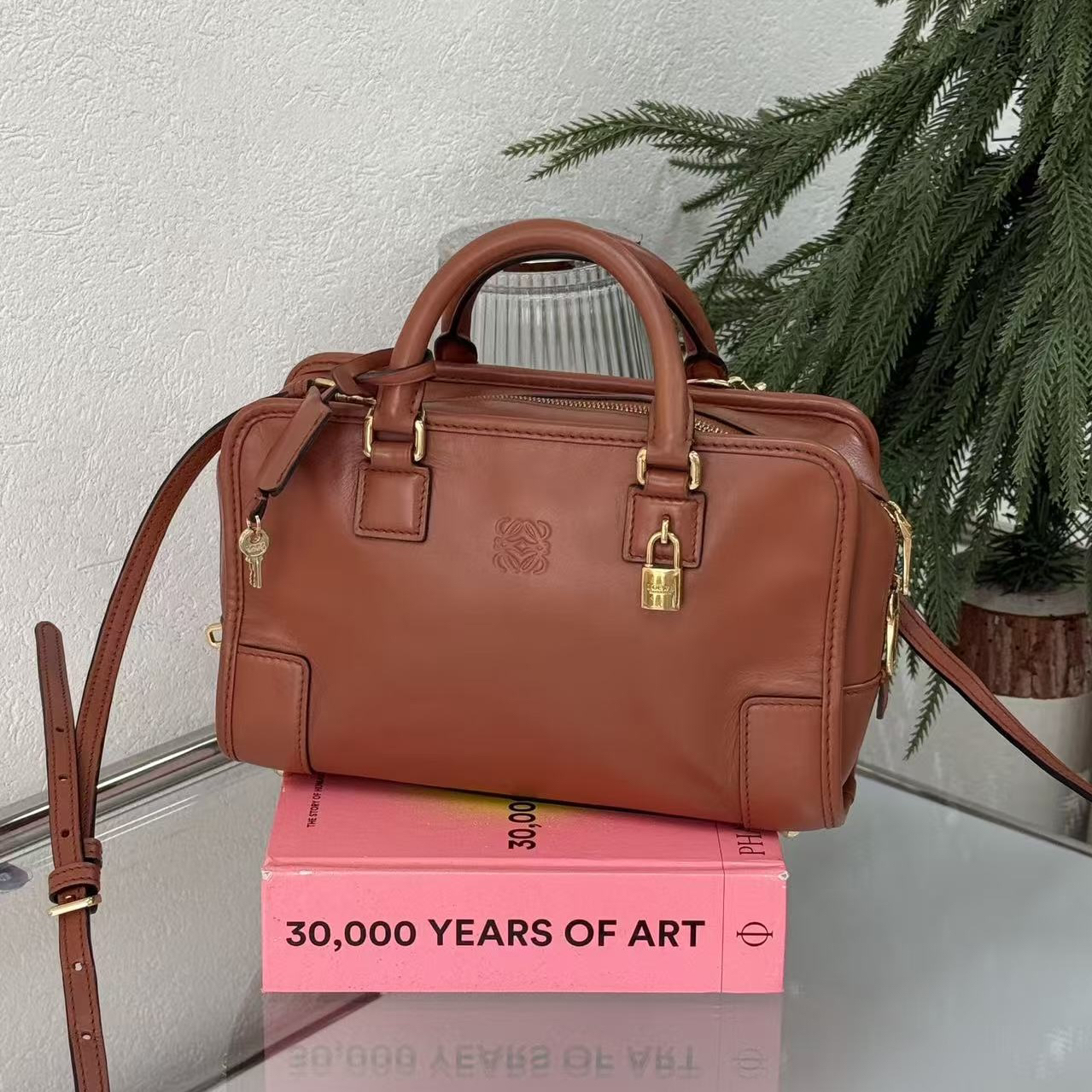 95新 LOEWE/罗意威 焦糖Amazonamini23底长波士顿斜挎包枕头包